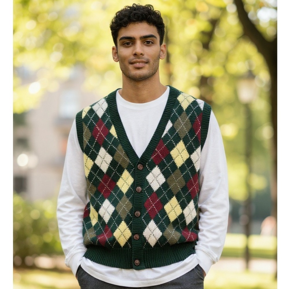 Vintage 90's Mens Argyle Sweater Vest XL Green Wool Blend Knit Academia